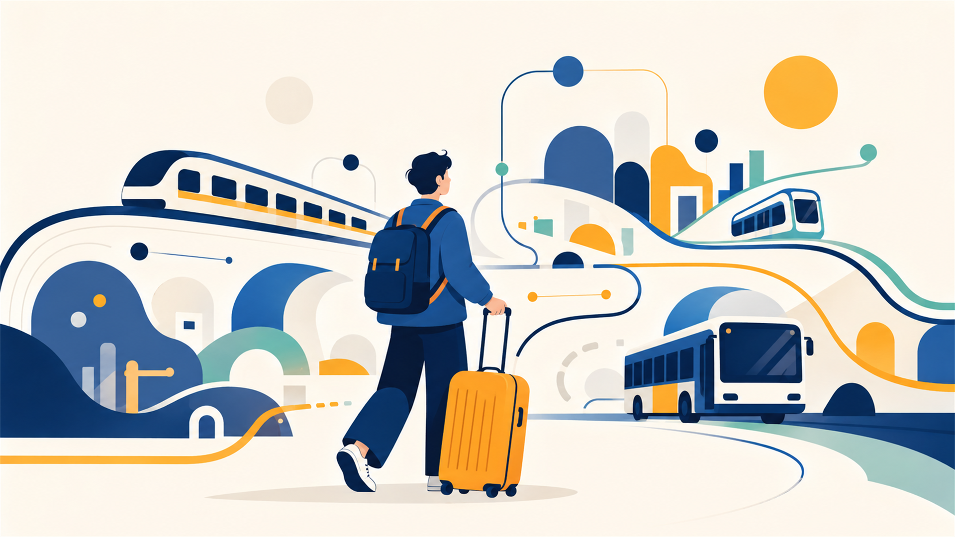 Editorial illustration of a traveler with luggage moving through an abstract public transportation network in Korea