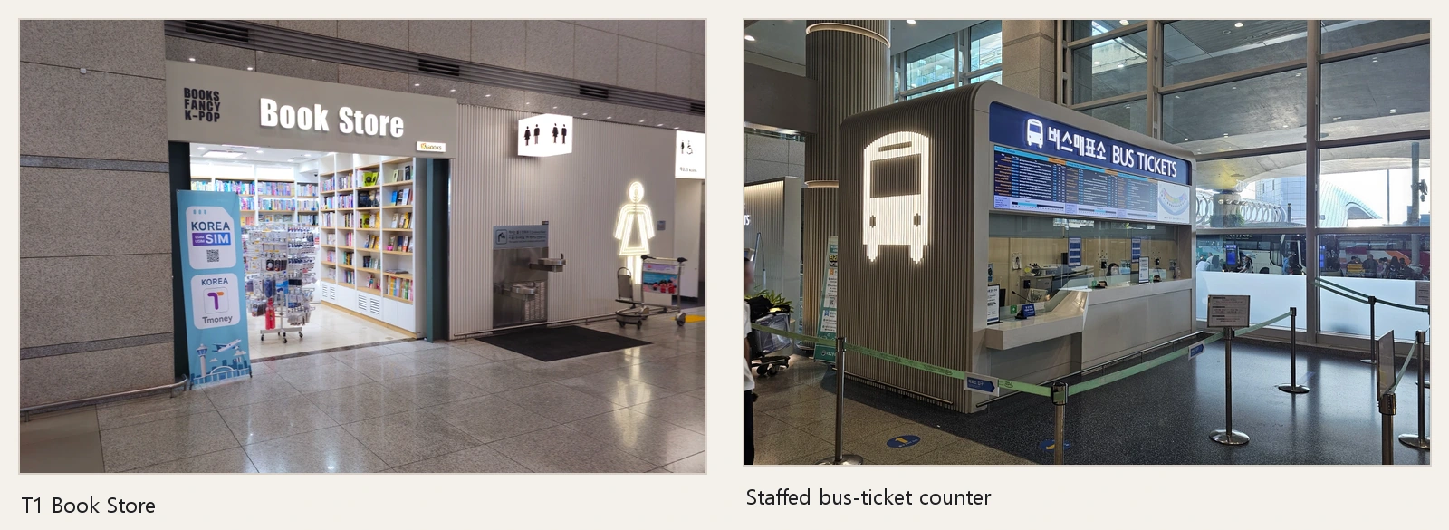 T1 Book Store and a staffed airport-bus ticket counter shown side by side at Incheon Airport